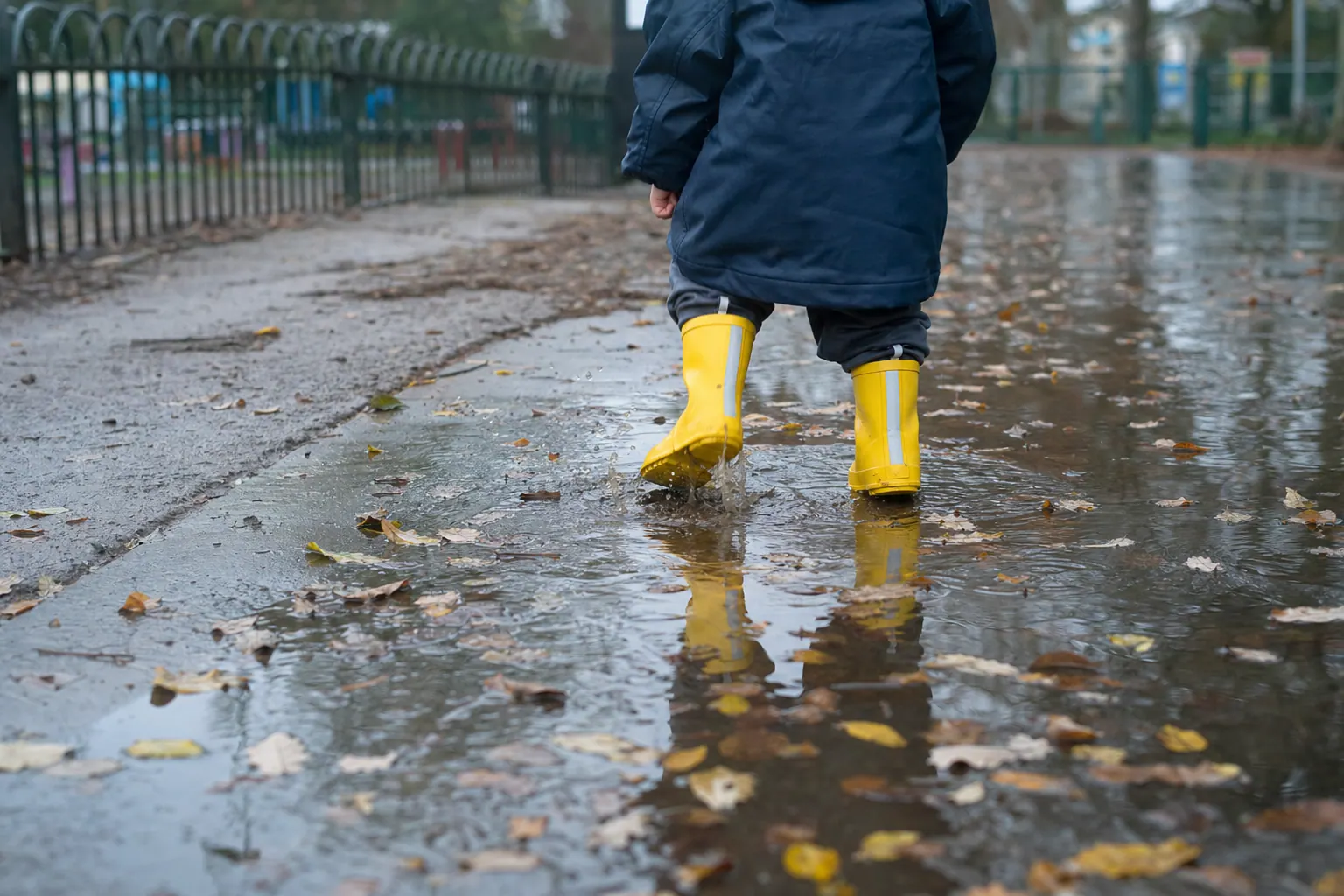 A small child in rain boots seen from behind, stomping in a puddle on a wet path
