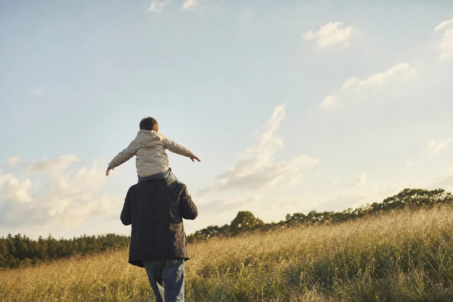 A parent walking through a grassy field with a small child on their shoulders, seen from behind under an open sky