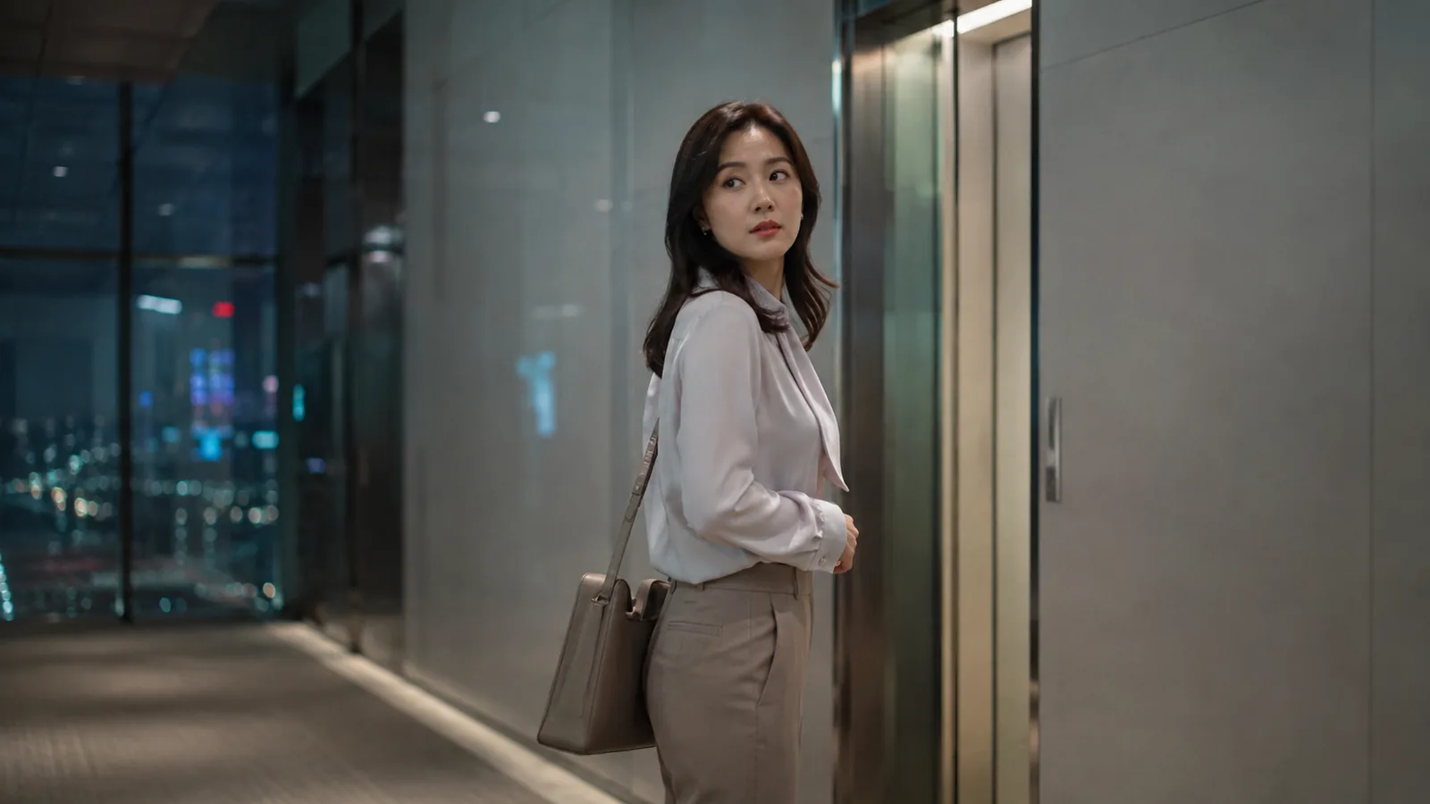 A woman in office clothes waiting at a lift in a high-rise lobby at night, glancing back.