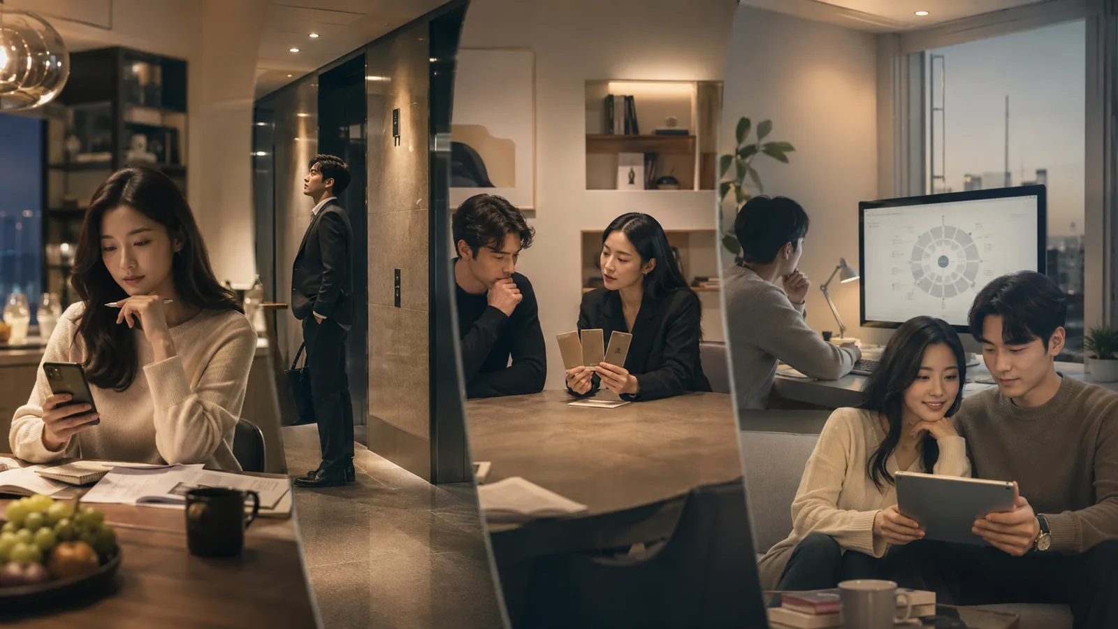 Four scenes side by side: reading a phone at home, waiting at an office lift, comparing name cards, and looking at a chart together on a tablet.