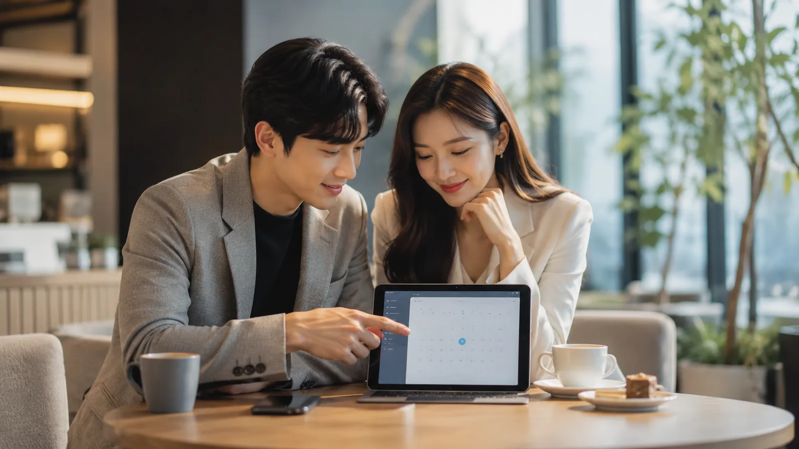 A couple in a cafe pointing at a date on a tablet calendar over coffee.