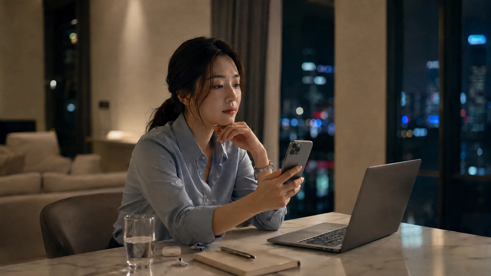 A woman at a night-time dining table checking her phone beside an open laptop.