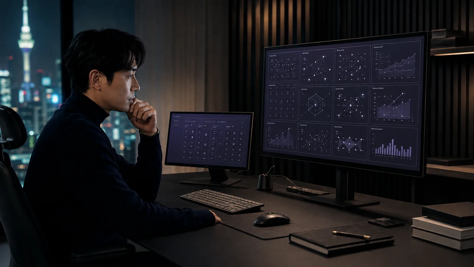 A man at a night desk studying a wide monitor filled with linked star charts over a city skyline.