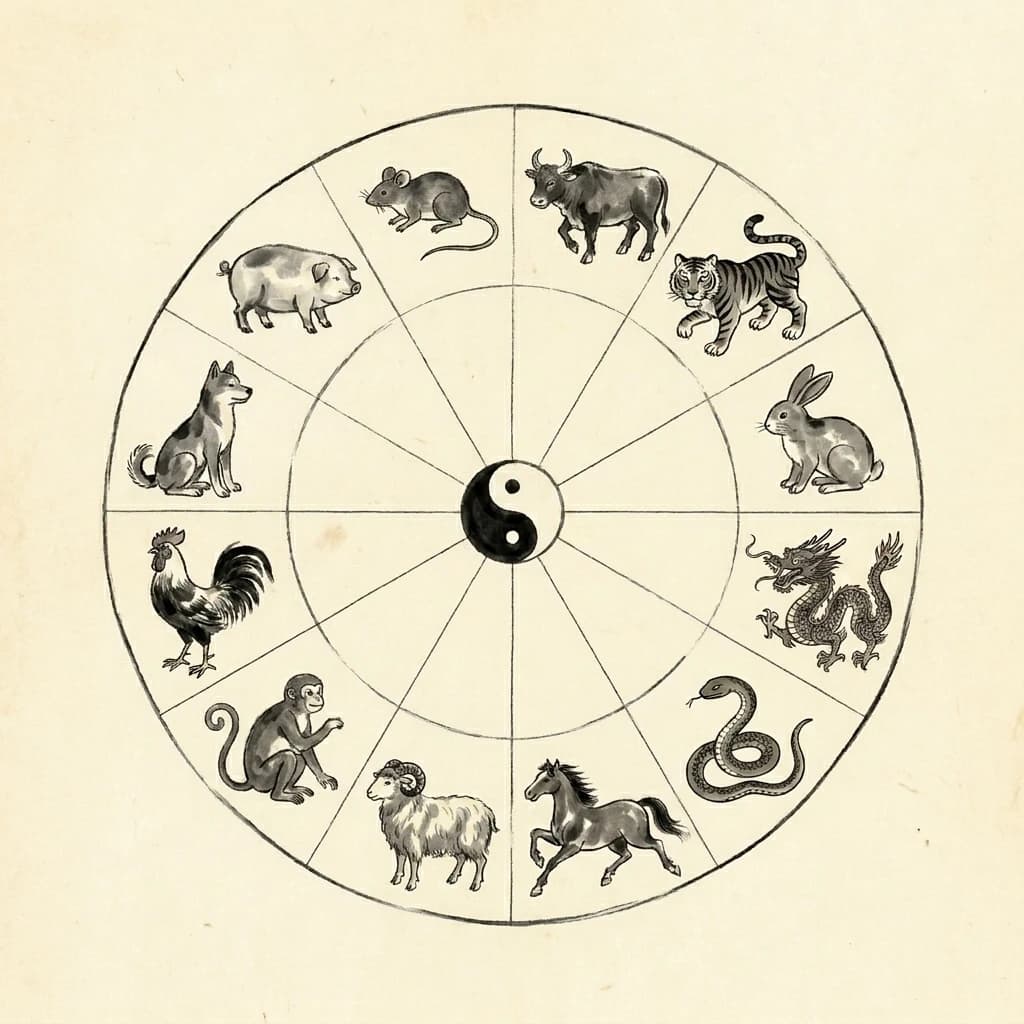 Korean 12 zodiac wheel, twelve animals arranged around a yin-yang taegeuk symbol