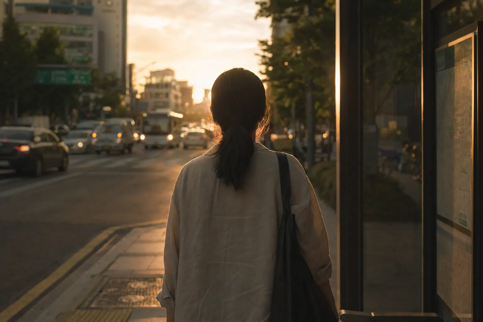 A person seen from behind at a summer bus stop after work, city light turning gold.