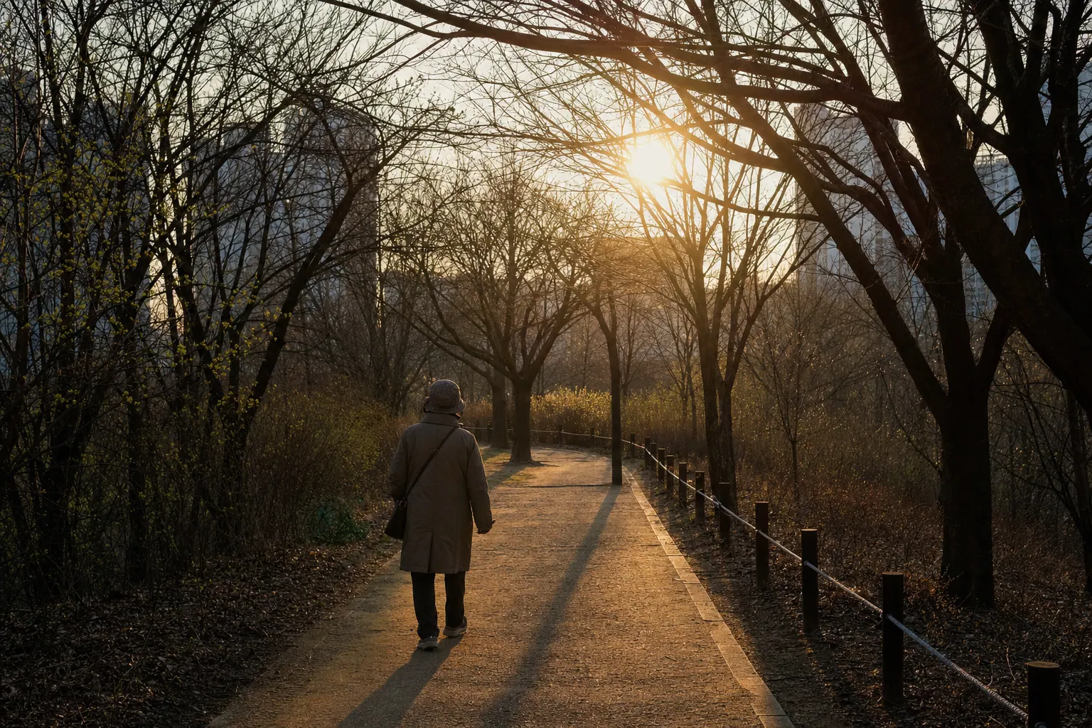 Low late-afternoon sun through bare branches over a quiet park path, the first hint of spring.