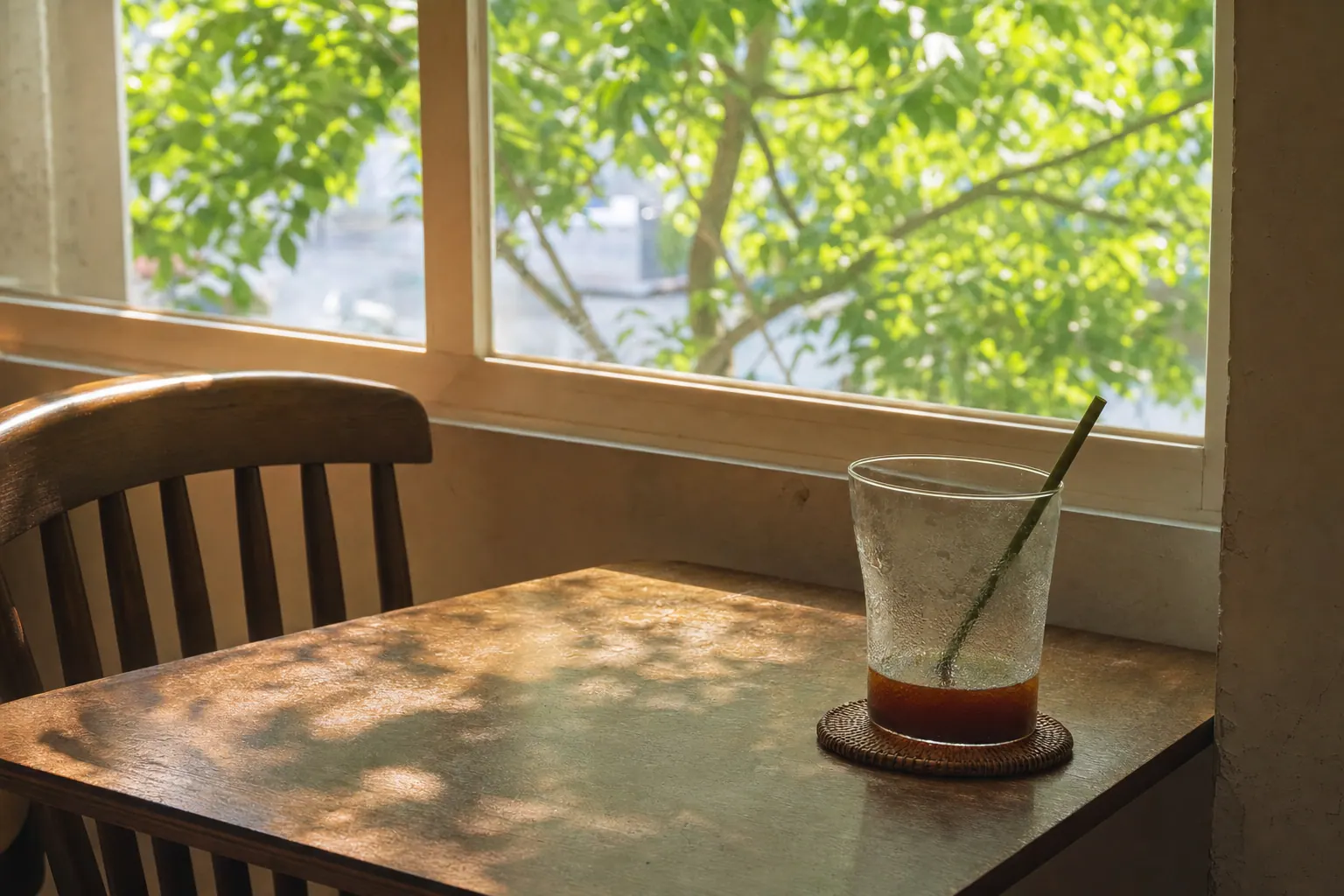Summer daylight across an empty cafe table, a cooling cup, green leaves through the window.