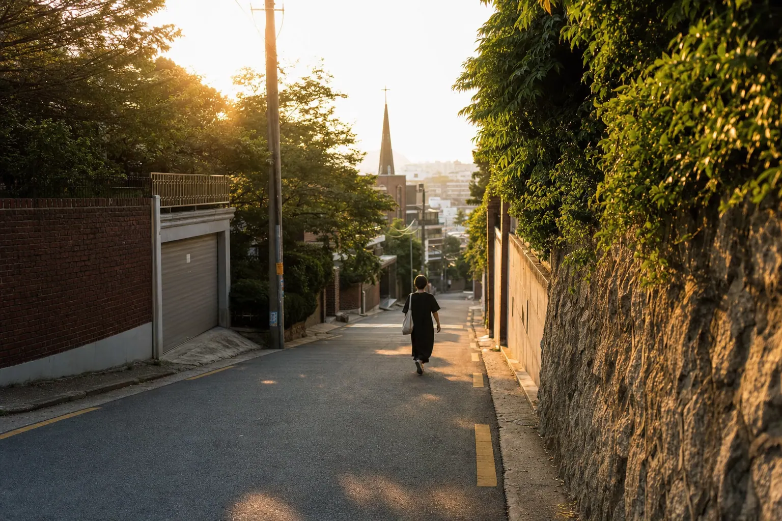 A quiet Seoul side street in early evening summer light, one figure walking away at a distance.