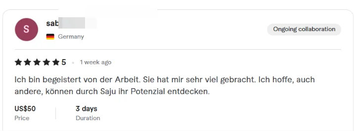 Fiverr review from a client in Germany, 5 stars, written in German