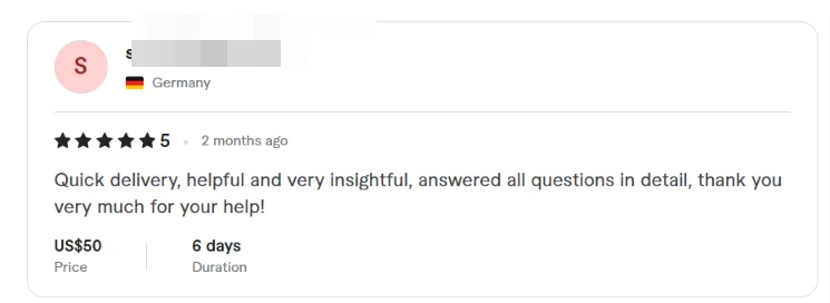Fiverr review from a client in Germany, 5 stars: quick delivery, helpful and very insightful