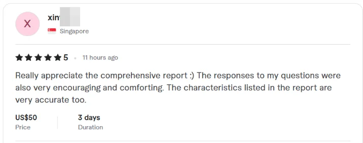 Fiverr review from a client in Singapore, 5 stars: comprehensive report, encouraging answers, very accurate characteristics